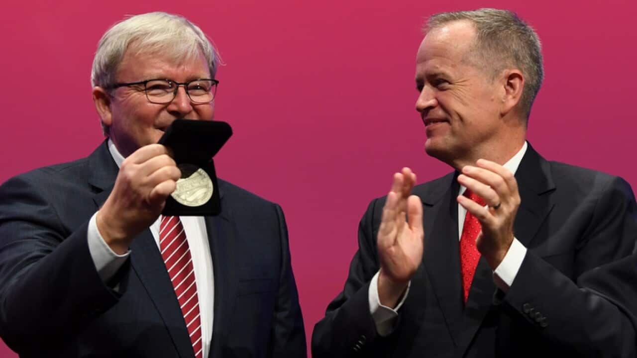 Former prime minister Kevin Rudd (L) with Labor Leader Bill Shorten at the party conference in Adelaide