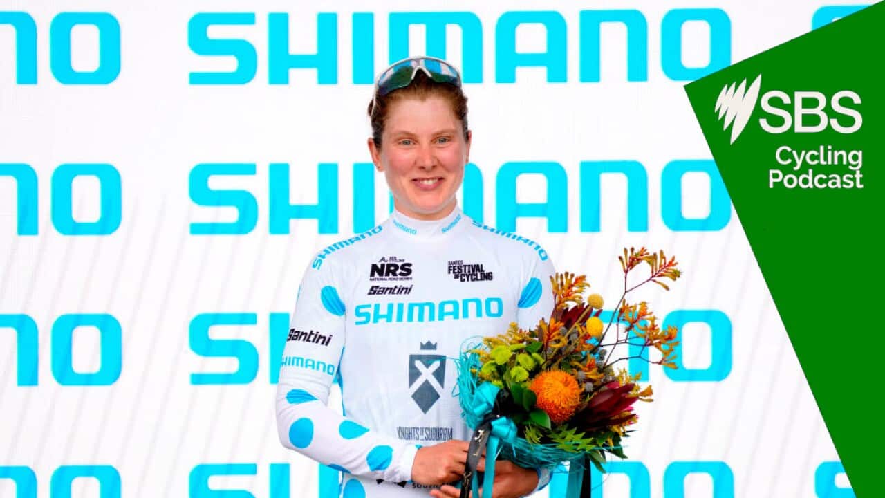 WILLIAMSTOWN, AUSTRALIA - JANUARY 23: Georgie Howe of Australia and Knights Of Suburbia Racing Team celebrates winning the Polka dot queen of the mountain jersey on the podium ceremony after the 2nd Santos Festival Of Cycling 2022, Women's Elite Stage 1 a 85.4km stage from Tanunda to Williamstown / #TourDownUnder / on January 23, 2022 in Williamstown, Australia. (Photo by Daniel Kalisz/Getty Images)