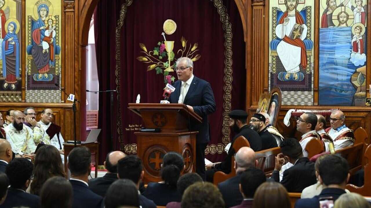 Scott Morrison speaks during at St Mark Coptic Orthodox Church.