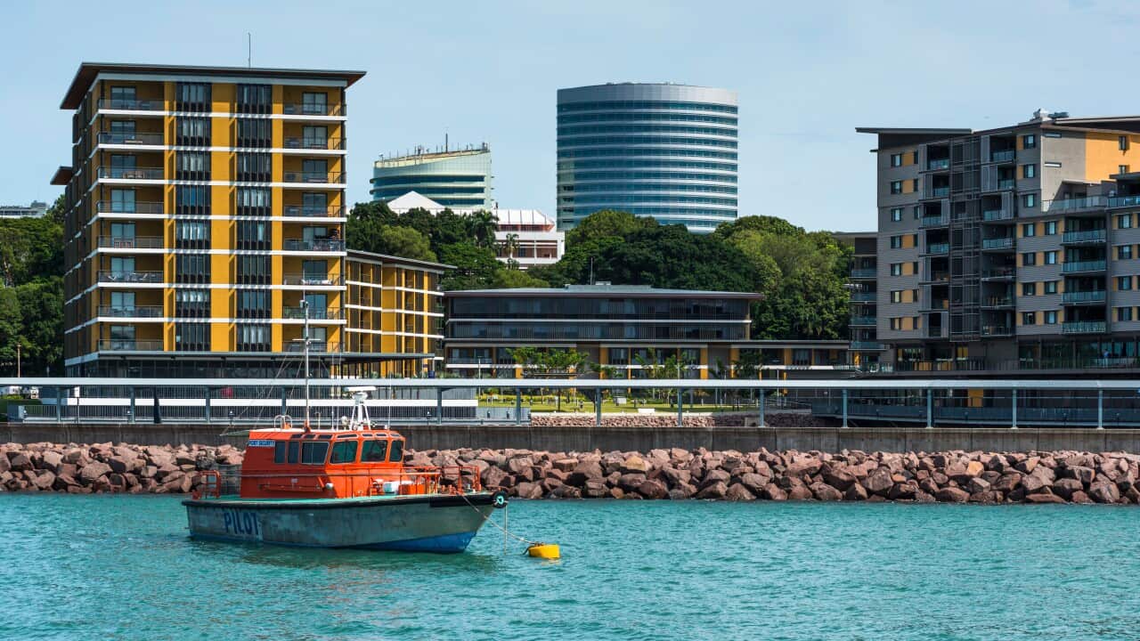 Darwin city skyline seen from Stokes Hill Wharf Terminal, Northern territory, Australia