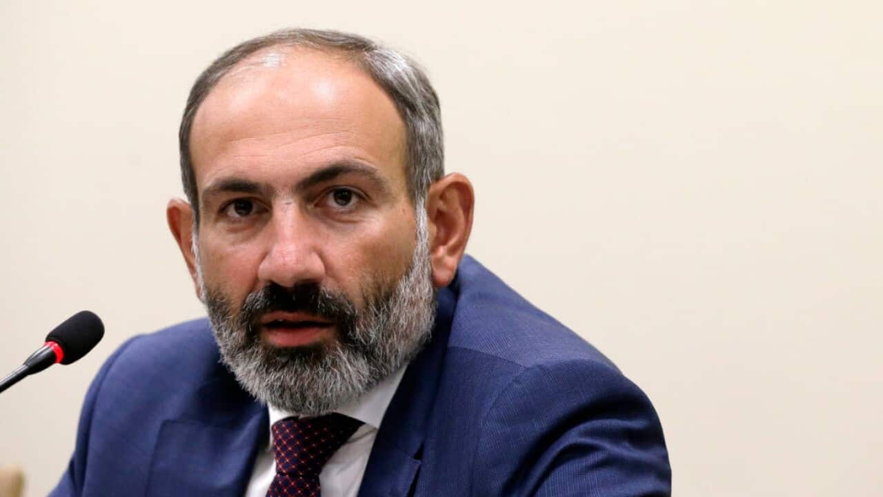 In this file photo from May 9, 2018, Armenian Prime Minister Nikol Pashinian speaks during a news conference.