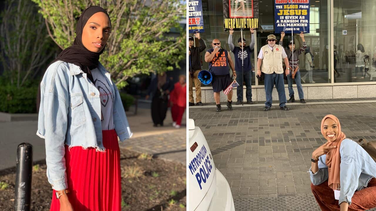 Shaymaa Darling decides to use kindness and a smile to respond to protesters verbally harassing Muslims attending a conference.  