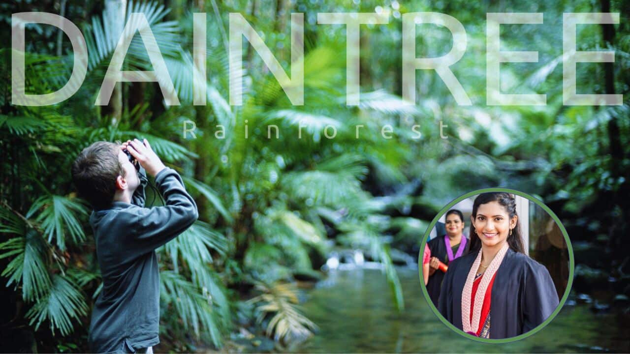 AUSTRALIA, QUEENSLAND, DAINTREE NATIONAL PARK, BOY (7-9) IN RAINFOREST