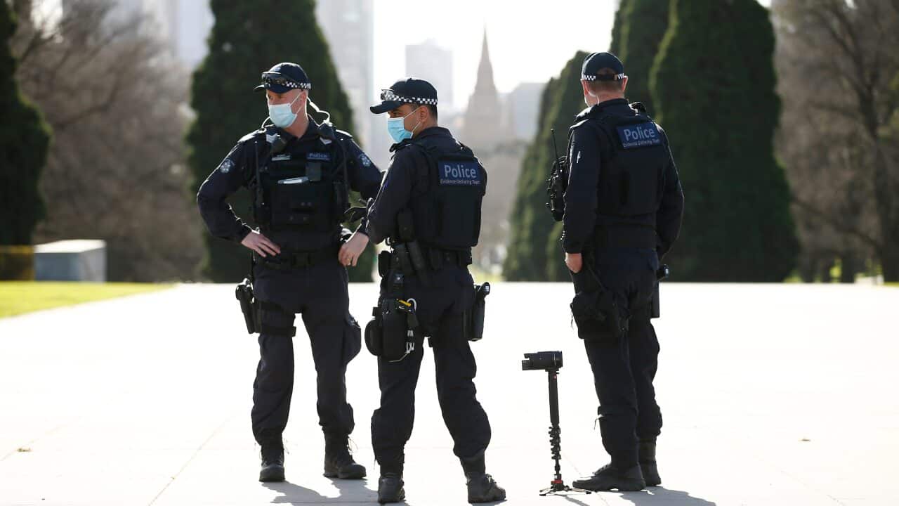 Police are seen at the Shrine of Remembrance in Melbourne, Friday, July 31, 2020. (AAP Image/Daniel Pockett) NO ARCHIVING