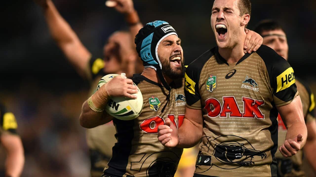 Panthers players Jamie Soward and Isaah Yeo