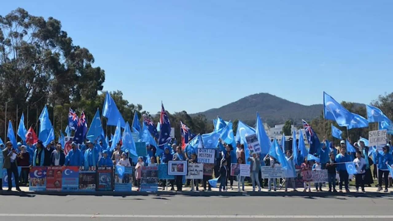 Uighurs protest outside federal parliament in March 2018