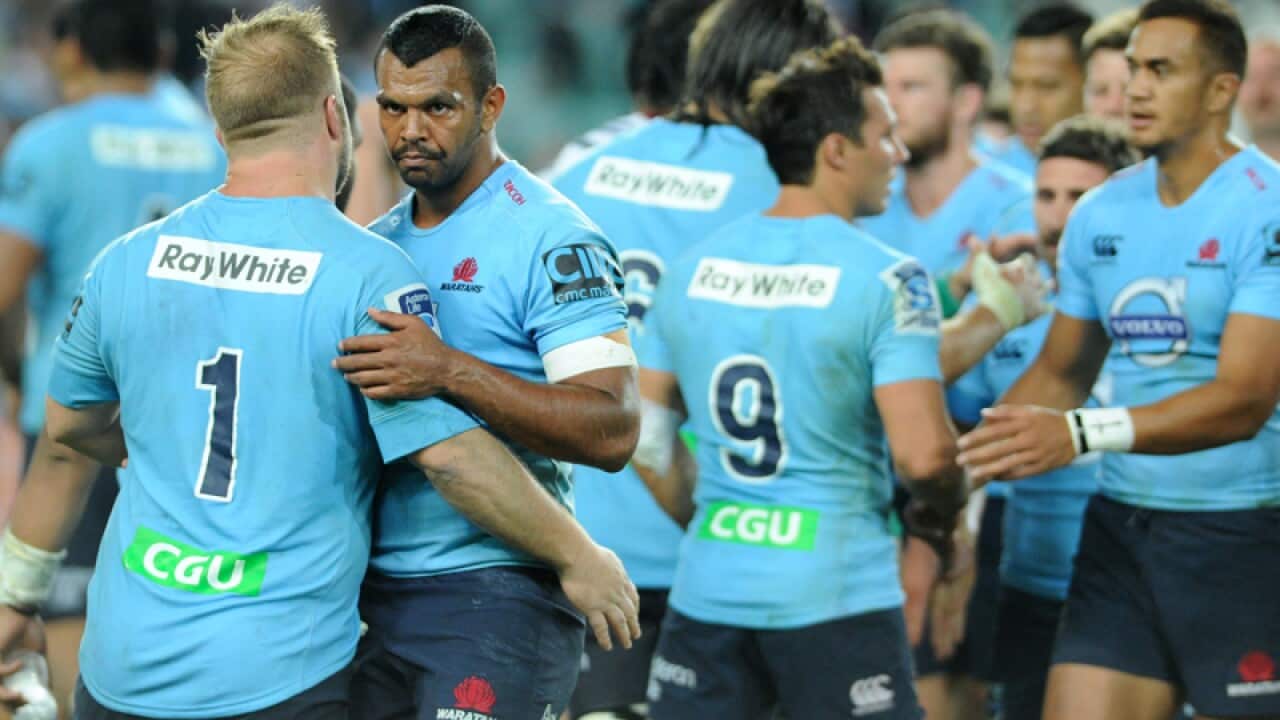 NSW Waratahs players celebrate at full time