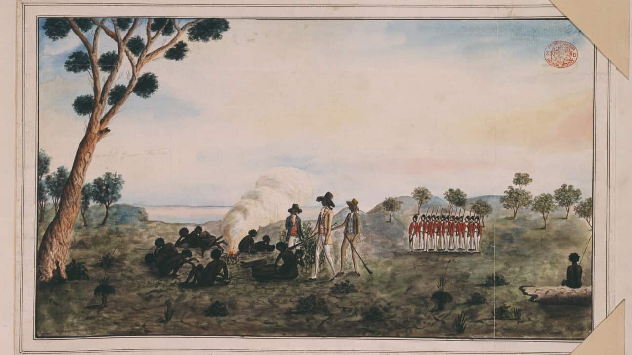Mr White, Harris & Laing visiting Botany Bay Colebee (sic) - drawing No 25 from the Watling Collection - AAP-1.jpg