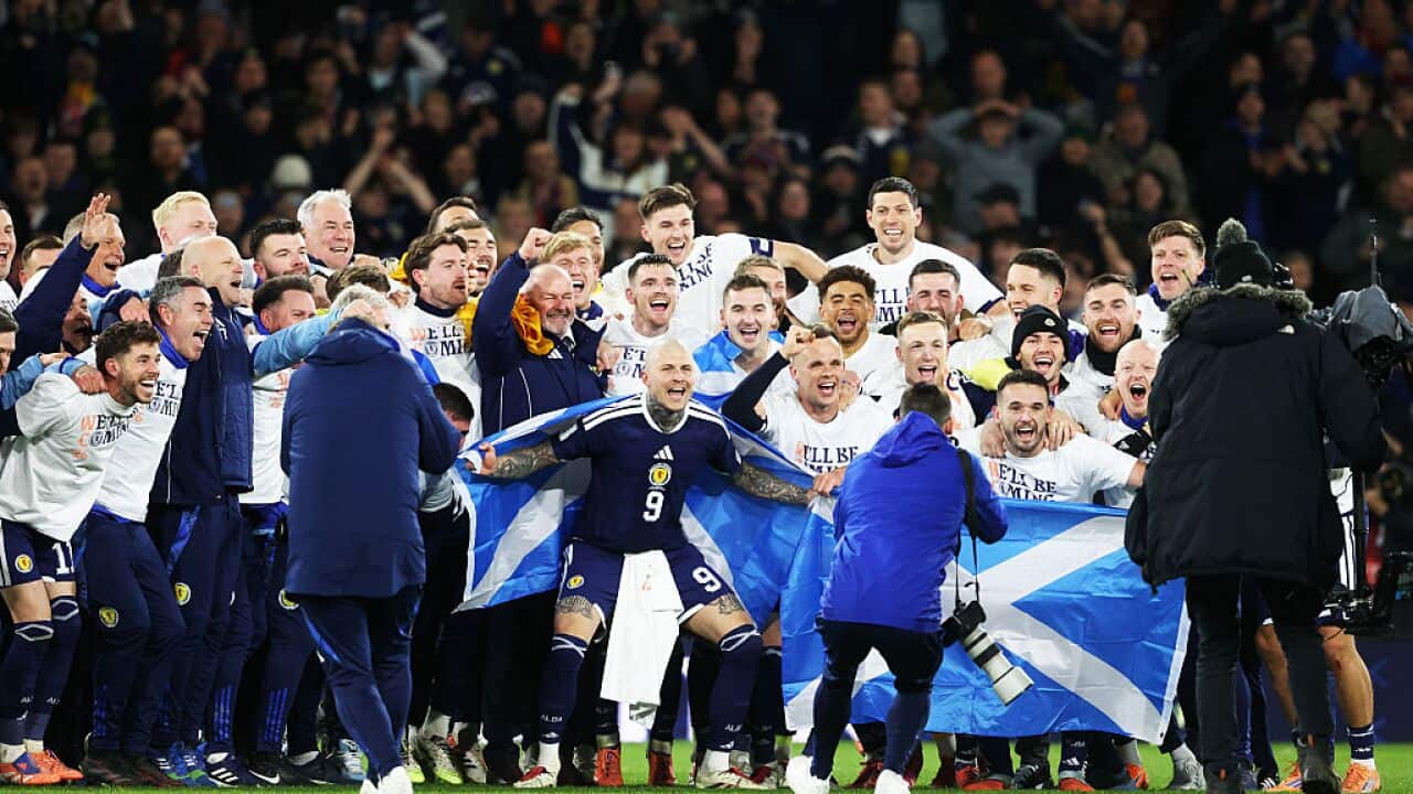 A group of footballers in dark blue strips celebrate together. Some are holding a large blue flag with a white cross on it in front of them