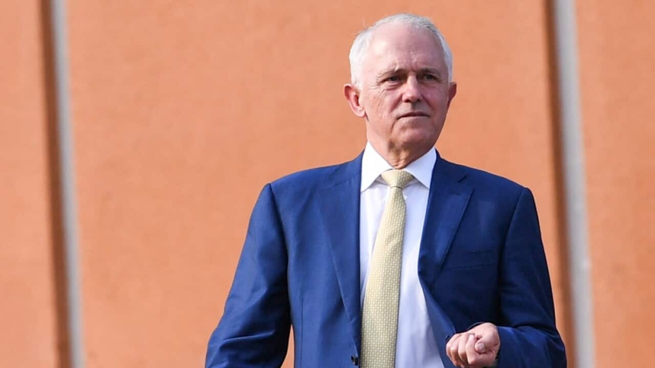 Australian Prime Minister Malcolm Turnbull leaves after speaking to the media during a press conference in Berlin, Sunday, April 22, 2018.