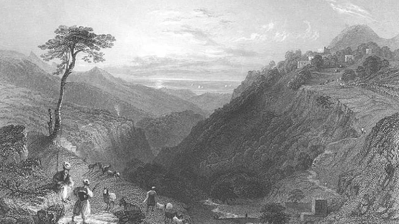 A view of the village of Kfarsghab, where the Magnificent Seven came from (From an engraving by WH Bartlett in 1838).jpg
