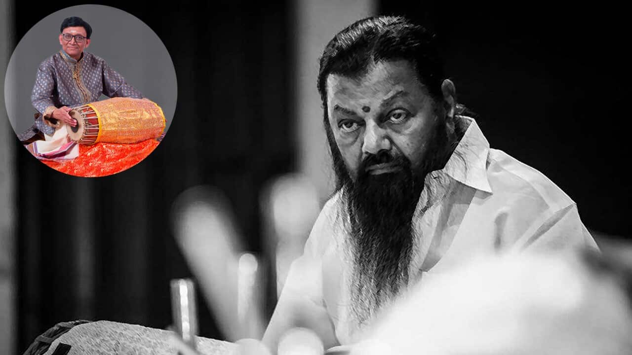 Mridangam Maestro Karaikudi Mani (11 Sep 1945 - 4 May 2023); inset: Mathiaparanam RAVICHANDHIRA OAM, MIE AUST, BSc (Hons) Civil Eng