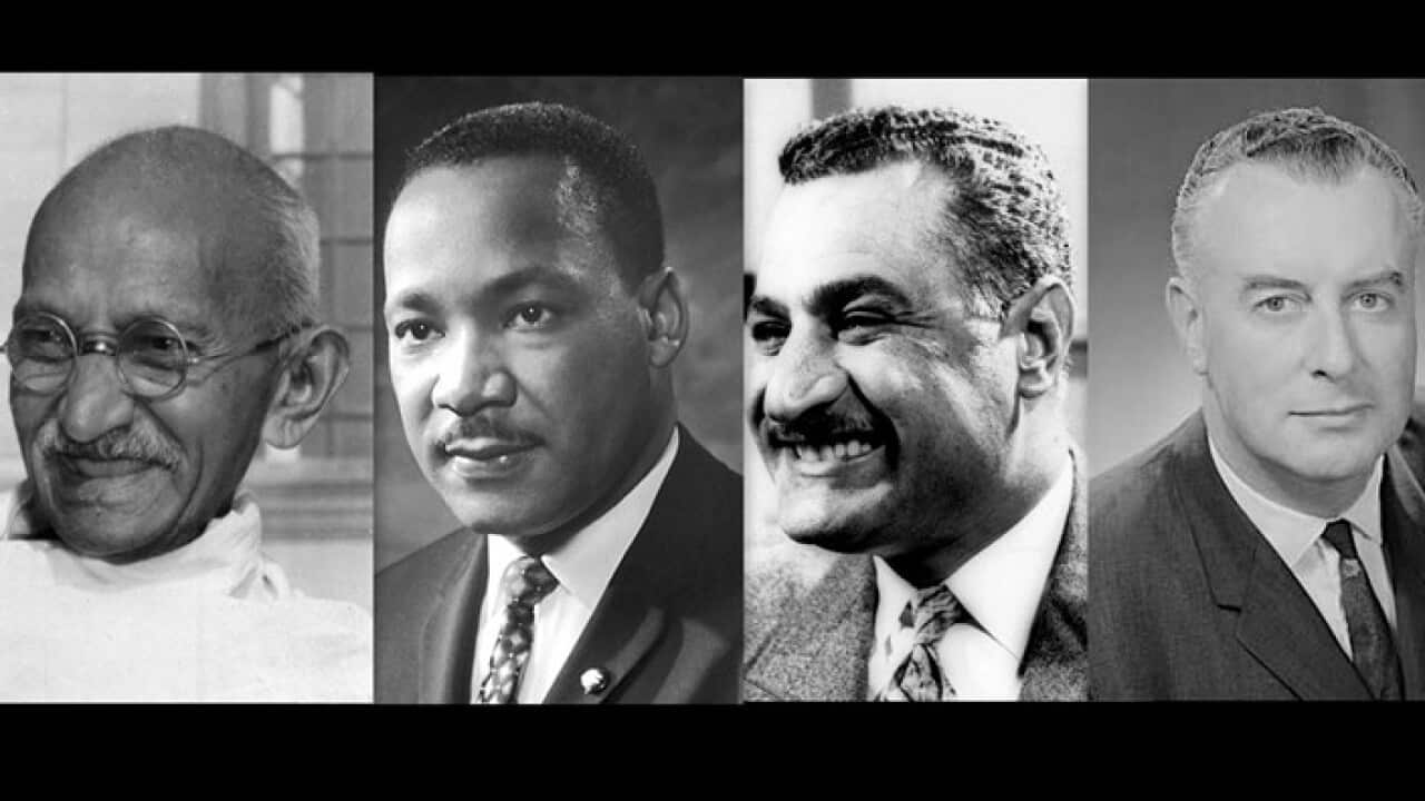 left to right: Indian leader Mahatma Ghandi Martin Luther King, Jr Gough Whitlam Gamal Abdel Nasser