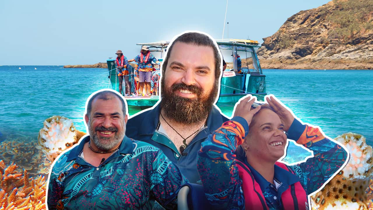 Collage of three people smiling with coral and ocean in the background
