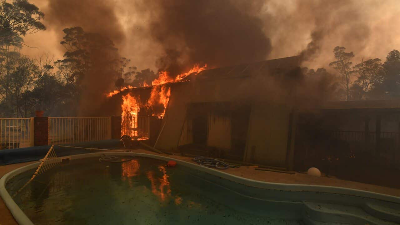 A home lost to a bushfire on Hassall Road in Buxton. Firefighters estimated 20 homes have been destroyed in the region.