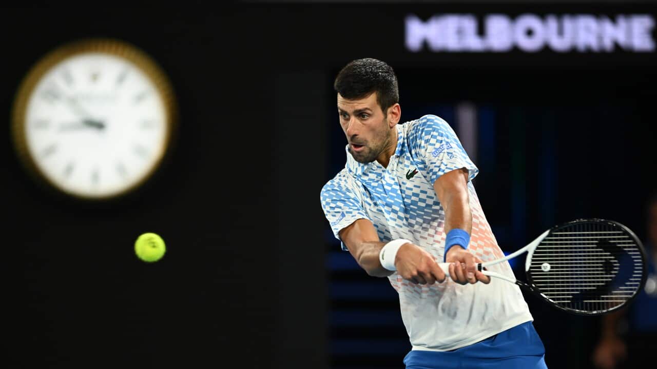 Novak Djokovic of Serbia wins a point during his match against Alex de Minaur of Australia during the 2023 Australian Open tennis tournament at Melbourne Park
