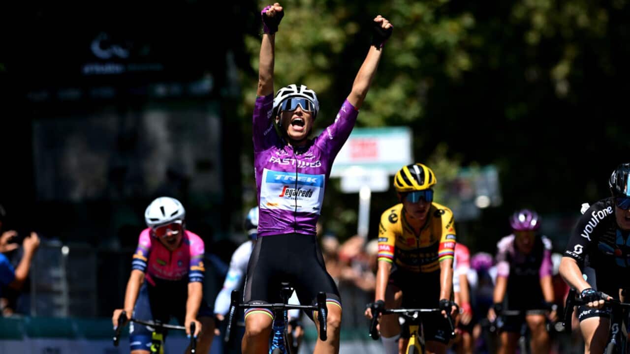 Elisa Balsamo (Trek-Segafredo) celebrates as she crosses the finish line
