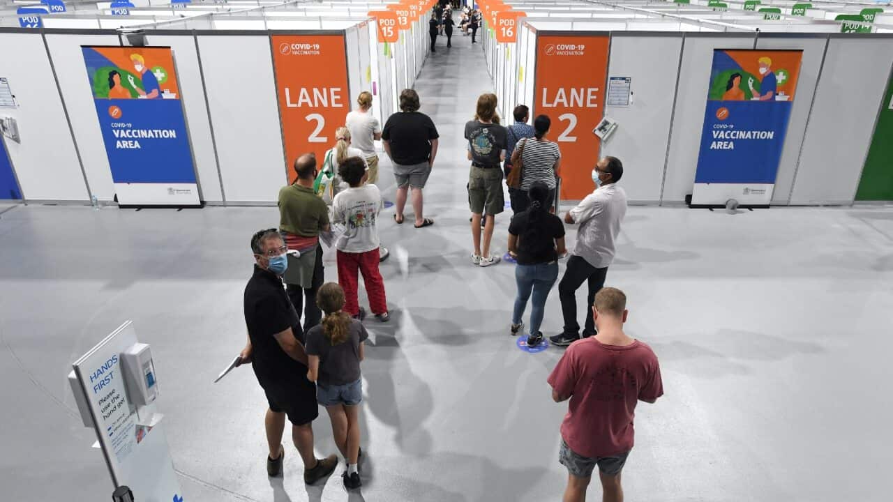 People at the Boondall mass vaccination hub in Brisbane on 18 September 2021.
