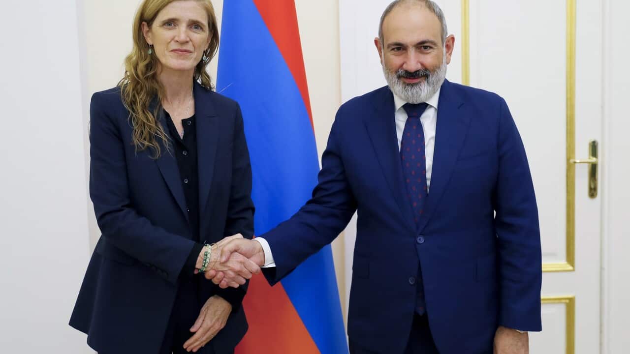 Samantha Power, left and Armenian Prime Minister Nikol Pashinyan during their meeting in Yerevan, Armenia