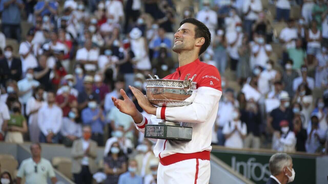 Novak Djokovic during the trophy ceremony on day 15 of Roland-Garros 2021, French Open 2021.