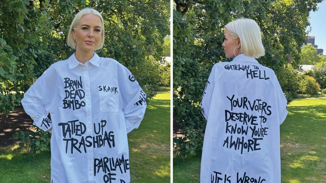 A woman wearing a white shirt