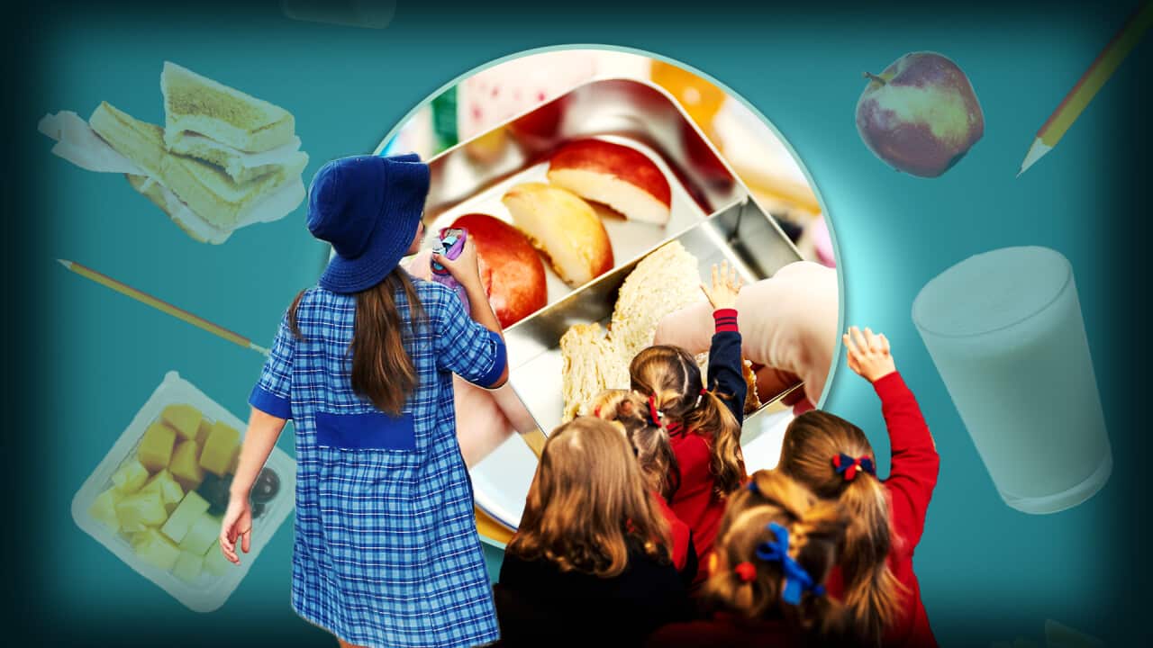 A graphic showing children in school uniforms imposed on school lunches