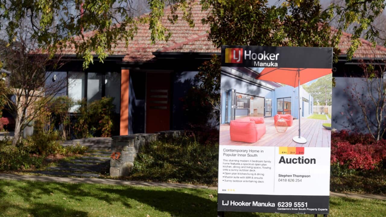 An auction sign is seen in front of a house in Canberra.