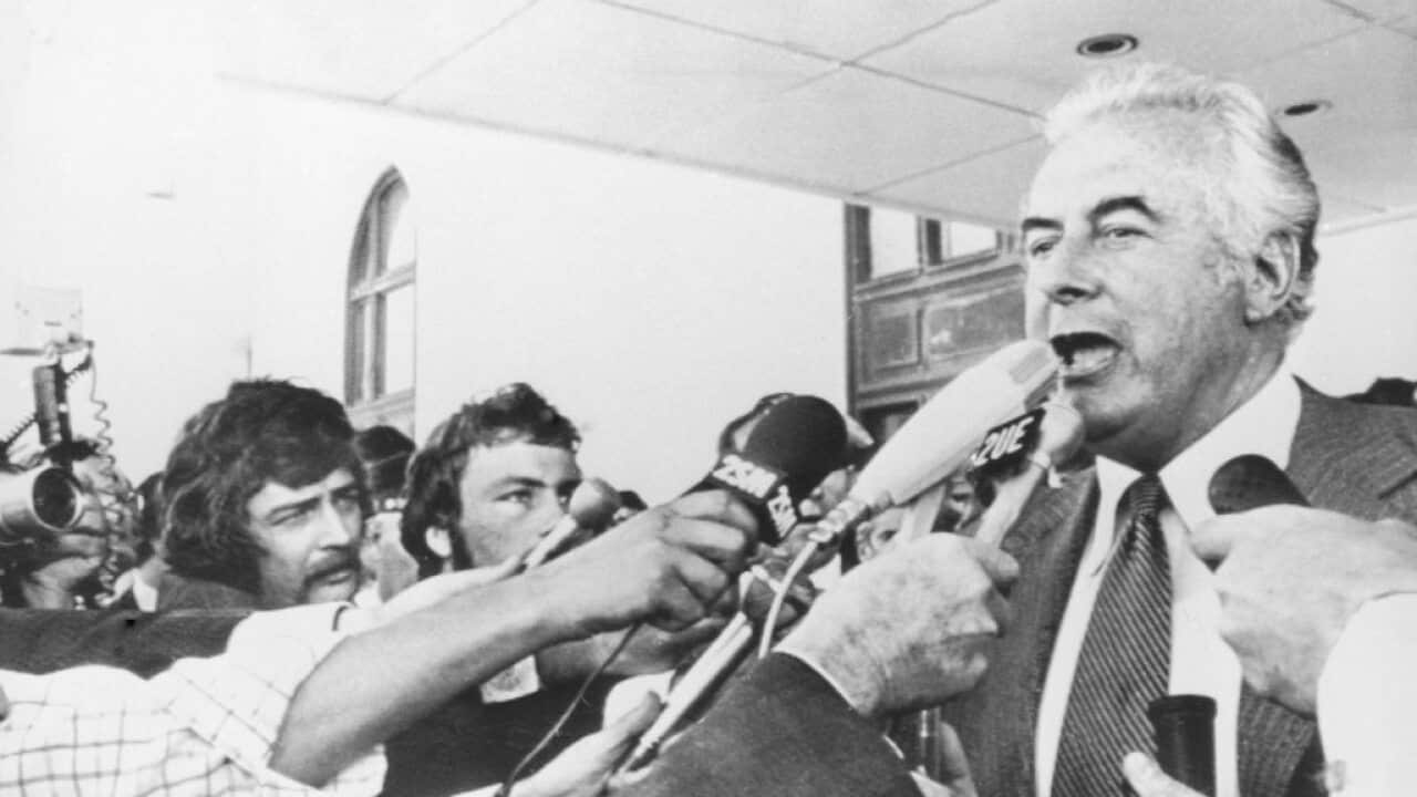 During Australia's constitutional crisis of 1975, Gough Whitlam addresses reporters outside the Parliament building in Canberra