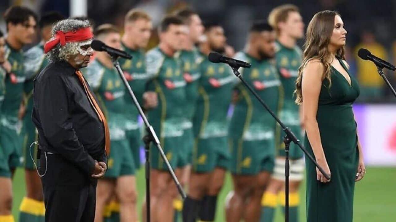 National anthem of Australia during a rugby league game