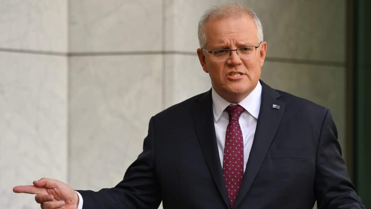 Prime Minister Scott Morrison speaks to the media during a press conference at Parliament House in Canberra, Tuesday, February 16, 2021. (AAP Image/Mick Tsikas) NO ARCHIVING