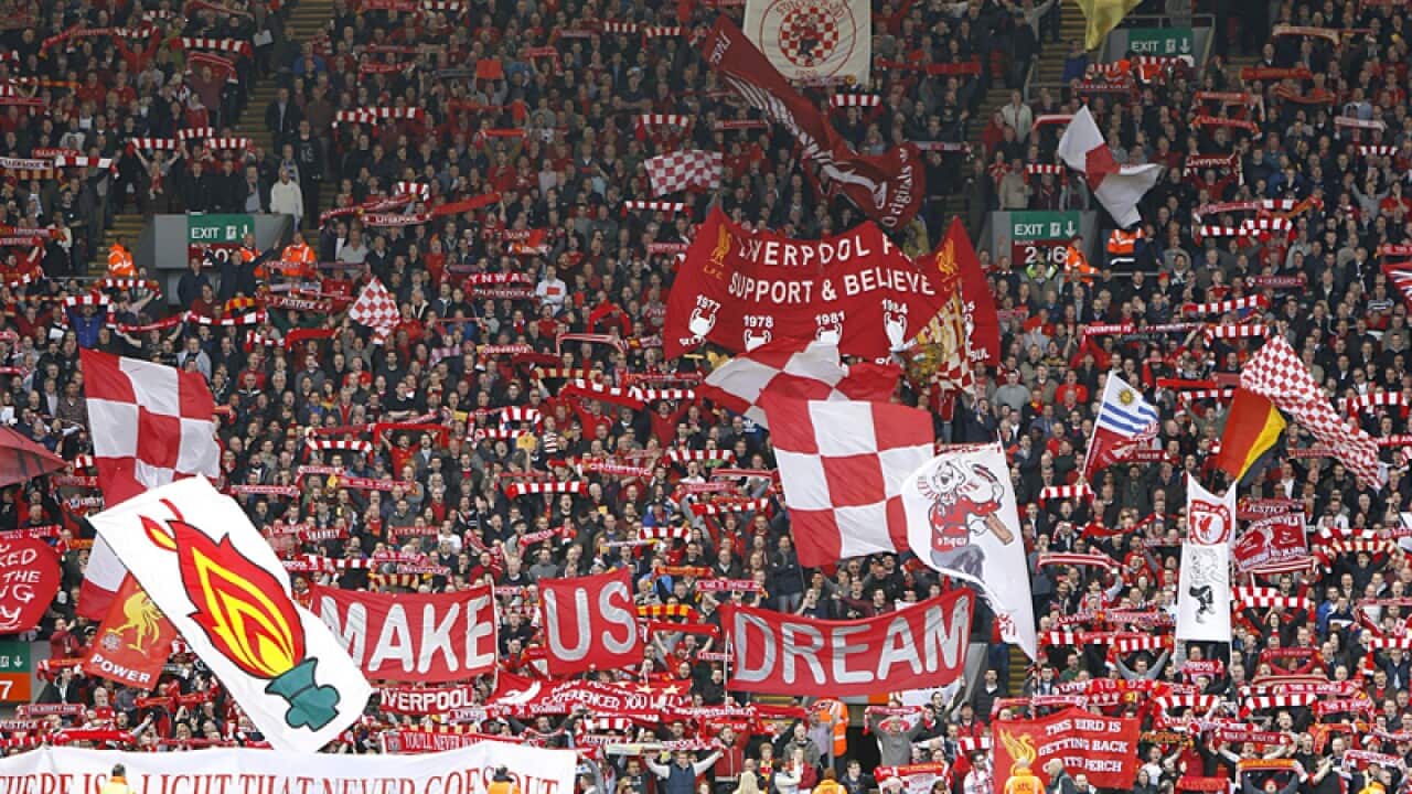 Liverpool fans display banners in memory of the Hillsborough disaster