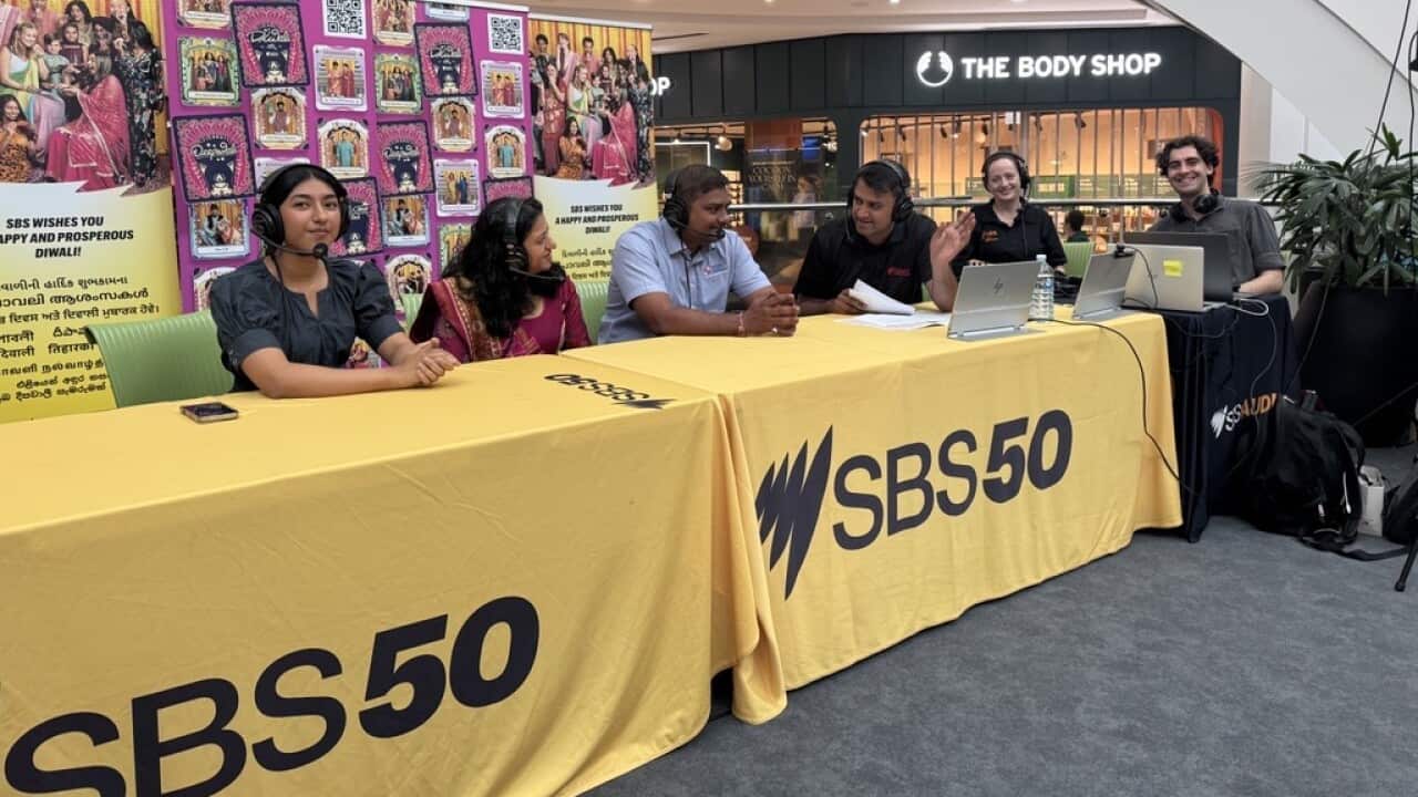 Jesleen, Twinkle, and Pruthesh Patel talk about life in Cairns with SBS Gujarati Executive Producer Vatsal Patel during the special outdoor broadcast at Cairns Central Shopping Centre on Thursday, October 9, 2025. Credit: SBS