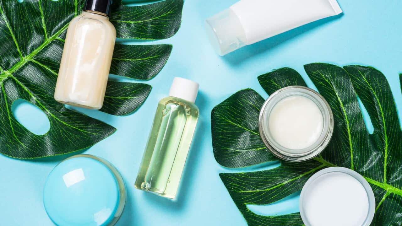 Skin care product, natural cosmetic flat lay.