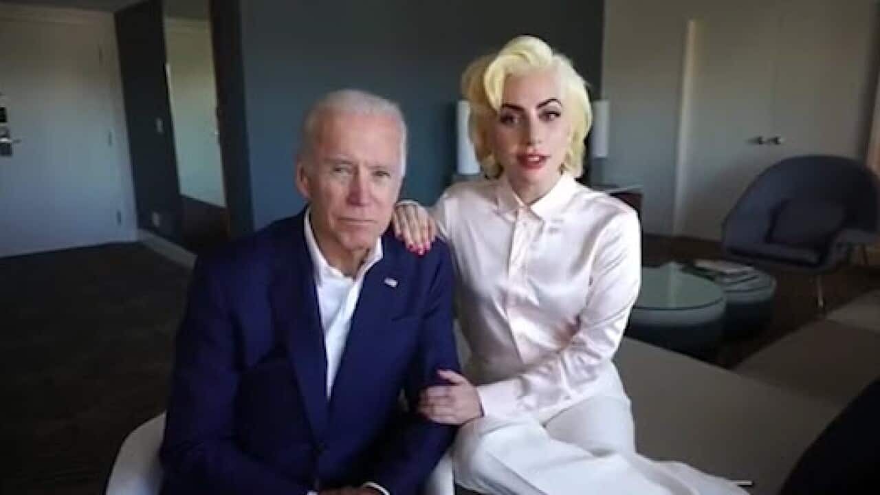 Lady Gaga and Joe Biden speak out against sexual harassment.