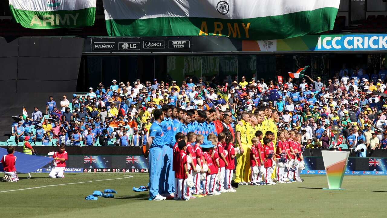 Indian and Australian teams ahead of their Cricket World Cup semifinal in Sydney, Australia, Thursday, March 26, 2015.