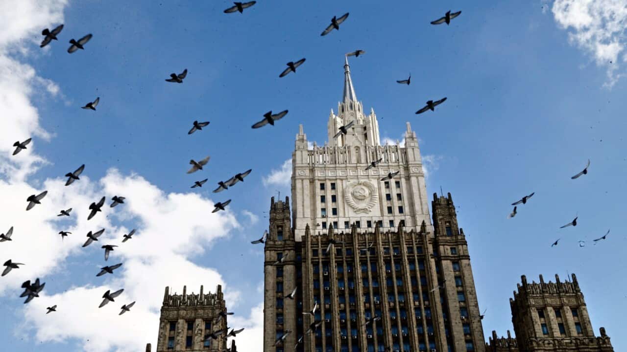 Pigeons fly in front of Russian Foreign Affairs Ministry building in Moscow, Russia, 29 March 2018.