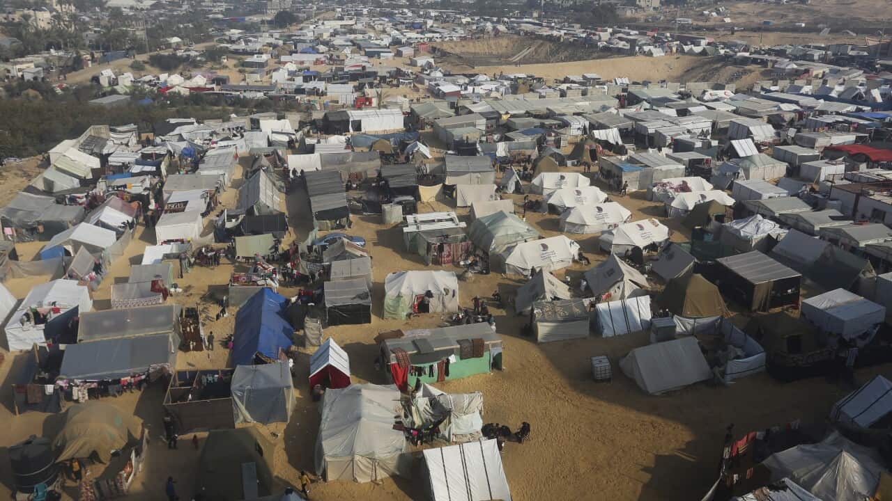 A view of a makeshift tent camp.