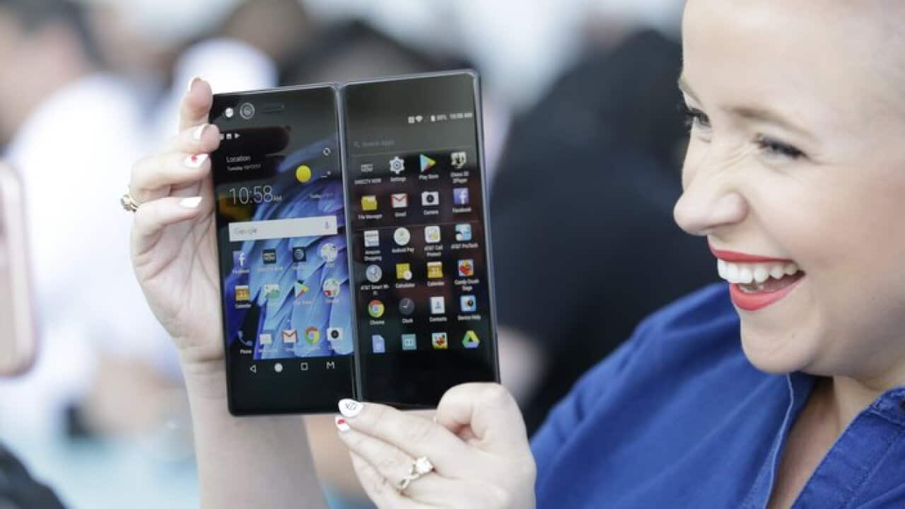 ZTE released new Axon M folding smartphone in New York, USA on 17th October, 2017 (TopPhoto via AP Images)