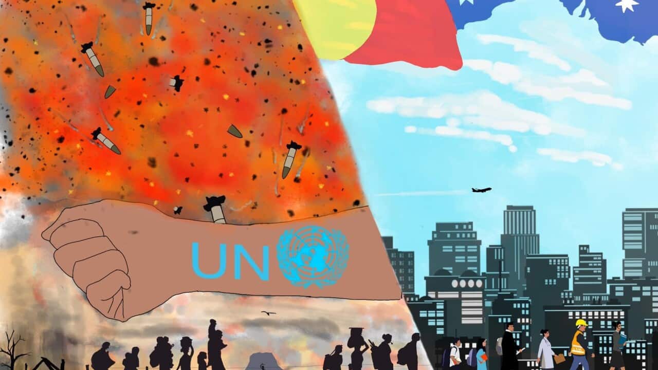 Bendigo Karen Youth Network Visual Arts Competition for 2024 Refugee Week. Winner - First Prize: My Journey as a Karen (KNYAW) Refugee by Wah Soe. Sources: BKYN