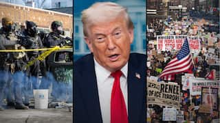 Three-panel image showing armed police, a US President Donald Trump speaking, and a mass protest with signs.