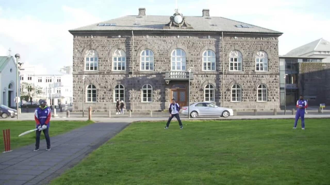 Icelandic cricketers practicing in front of Parliament House