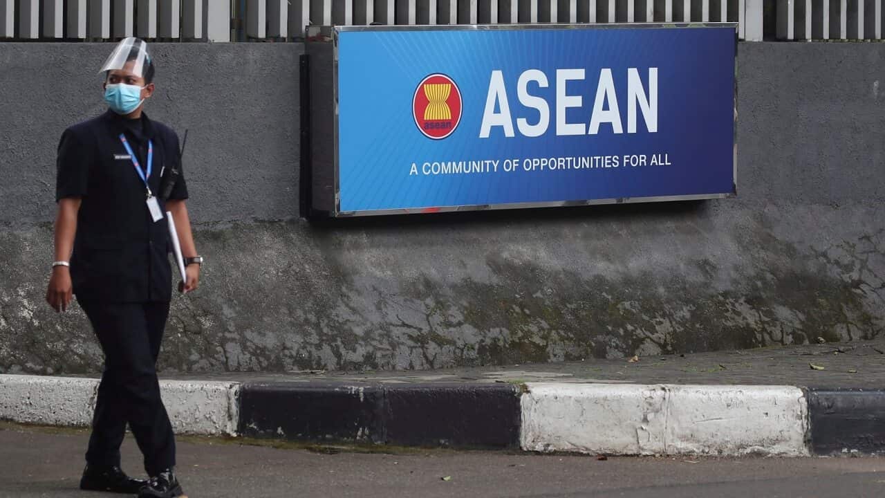 A security guard outside the ASEAN Secretariat in Jakarta, Indonesia