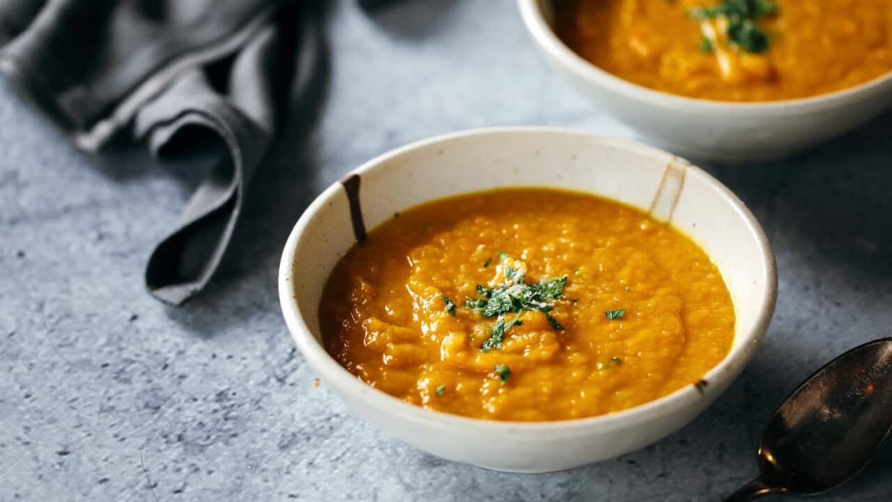 No-cut whole roasted pumpkin soup