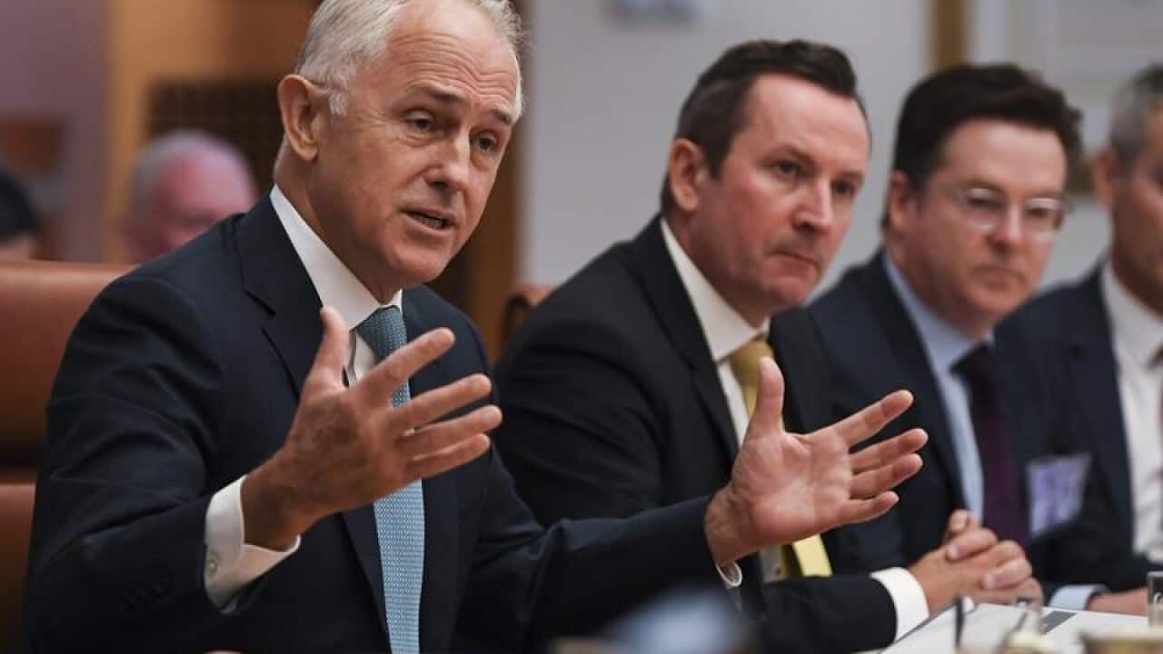 Prime Minister Malcolm Turnbull speaks alongside Mark McGowan.