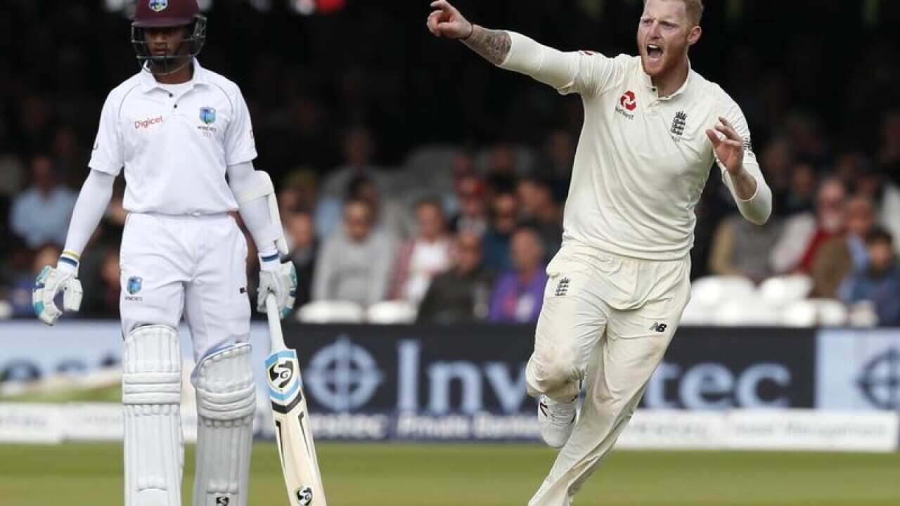 England's Ben Stokes celebrates taking the wicket.