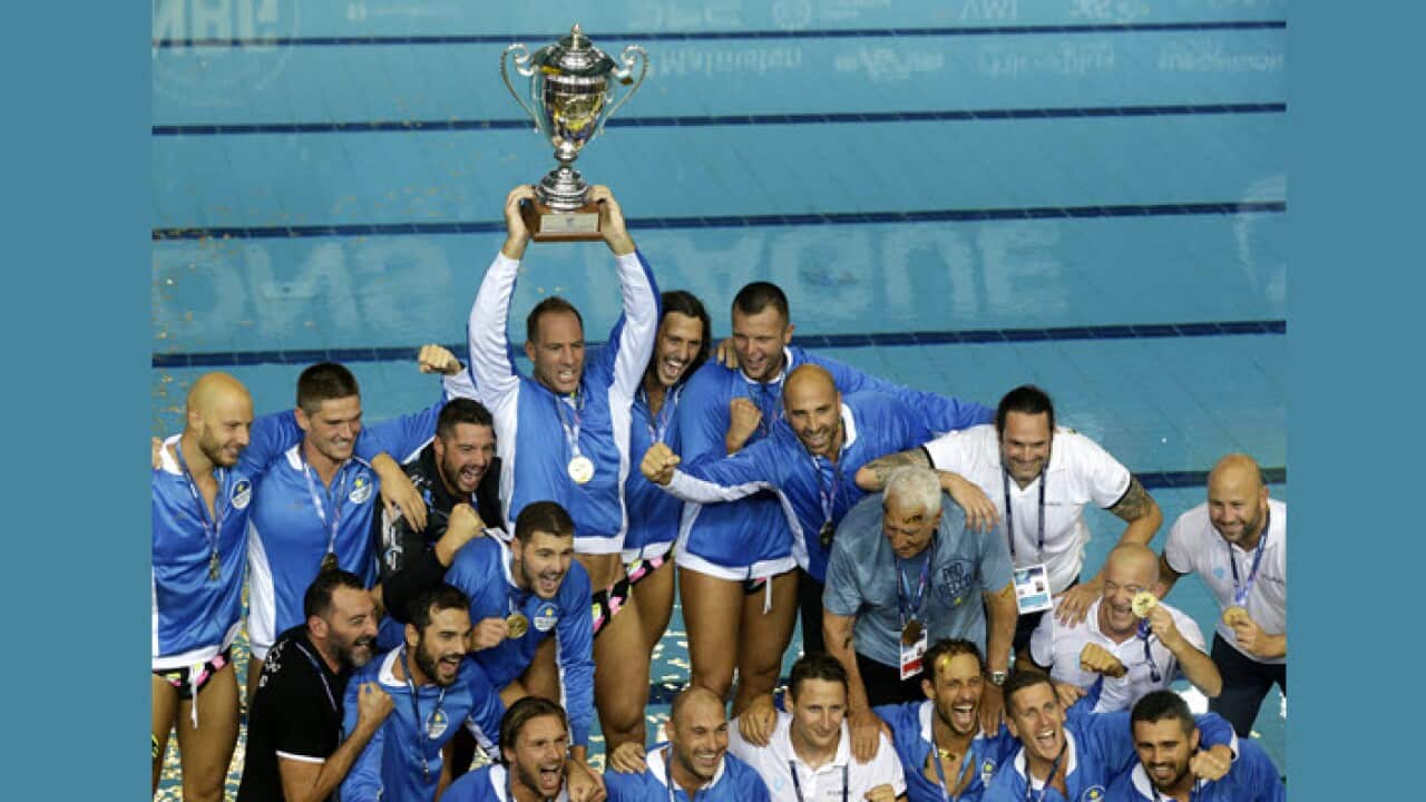 5 Players of Pro Recco celebrate after winning the LEN Water Polo Champions League final match between VK Novi Beograd and Pro Recco in Belgrade, Serbia, 04 June 2022. EPA/ANDREJ CUKIC