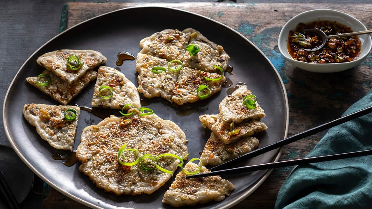Spring onion pancakes with chilli dipping sauce