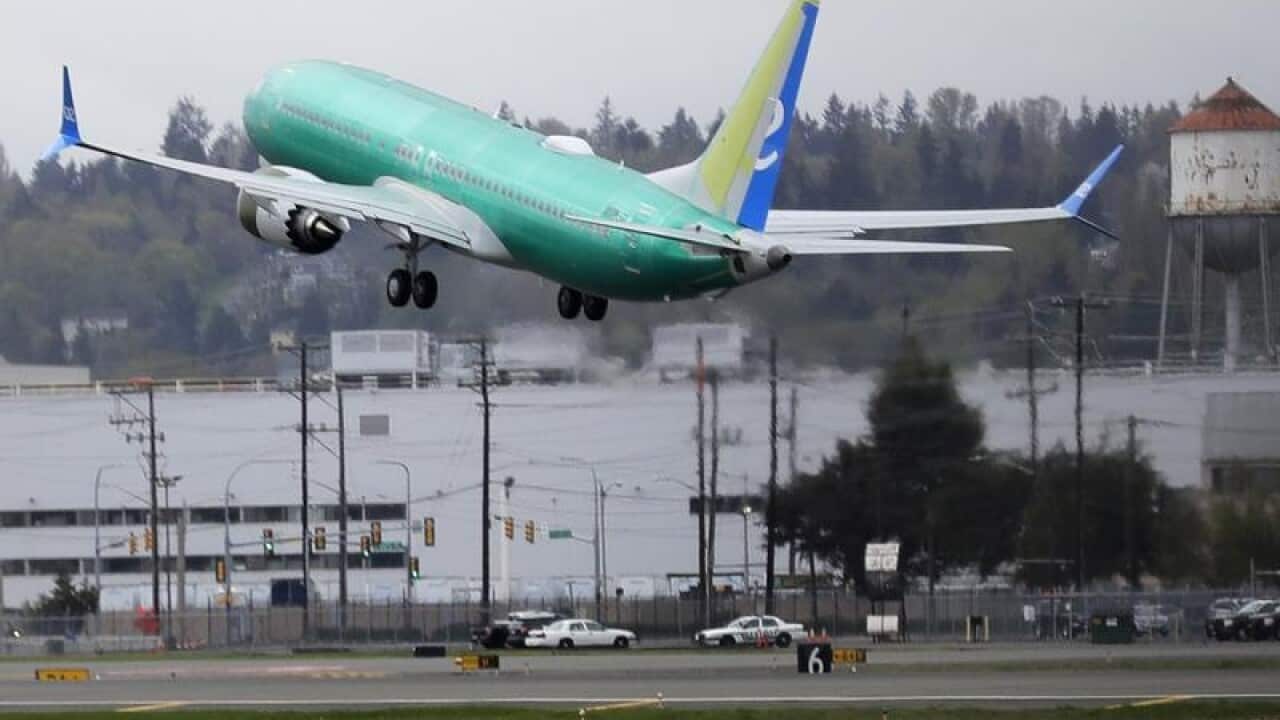 A Boeing 737 MAX 8 built for Air Europa takes off for a test flight