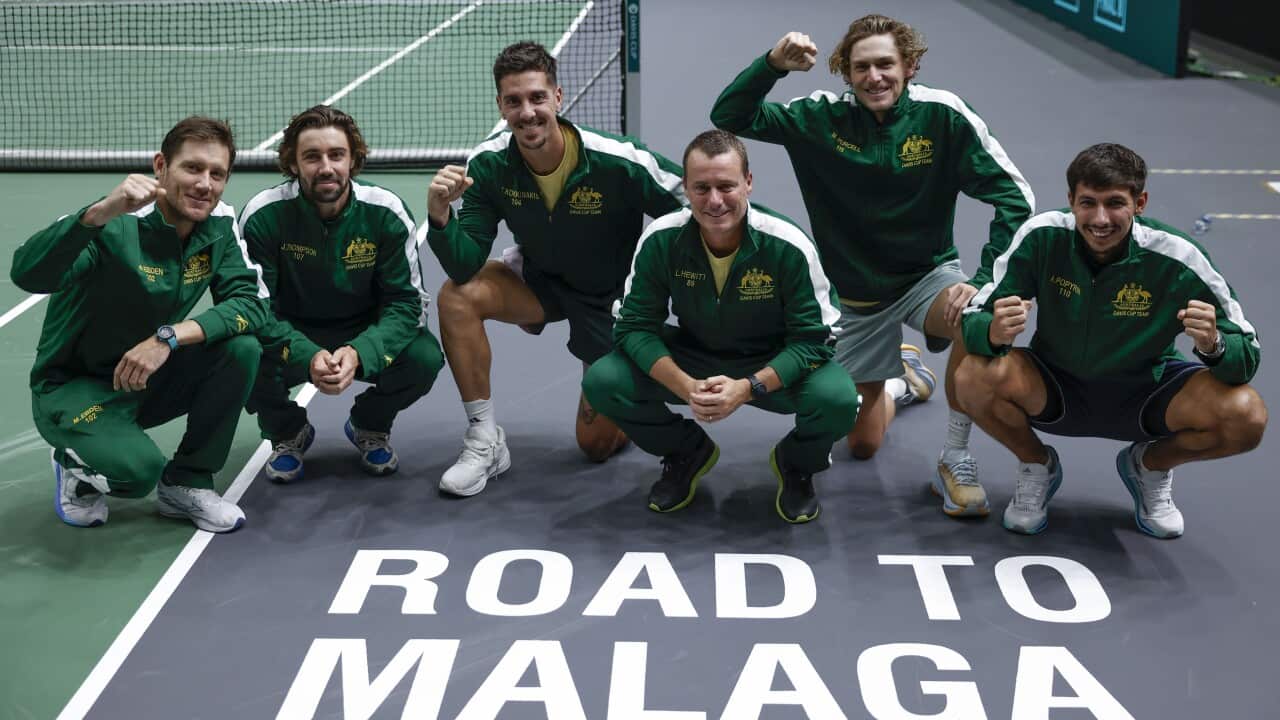 Players of Australia celebrate advancing to the Final 8 of Davis Cup 2024
