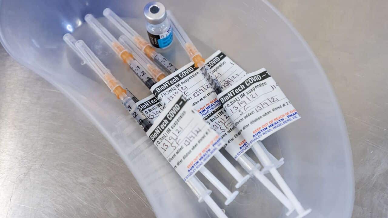 A tray containing COVID vaccines is seen in the pharmacy of the Heidelberg Repatriation Hospital vaccination hub in Melbourne, Monday, September 13, 2021.